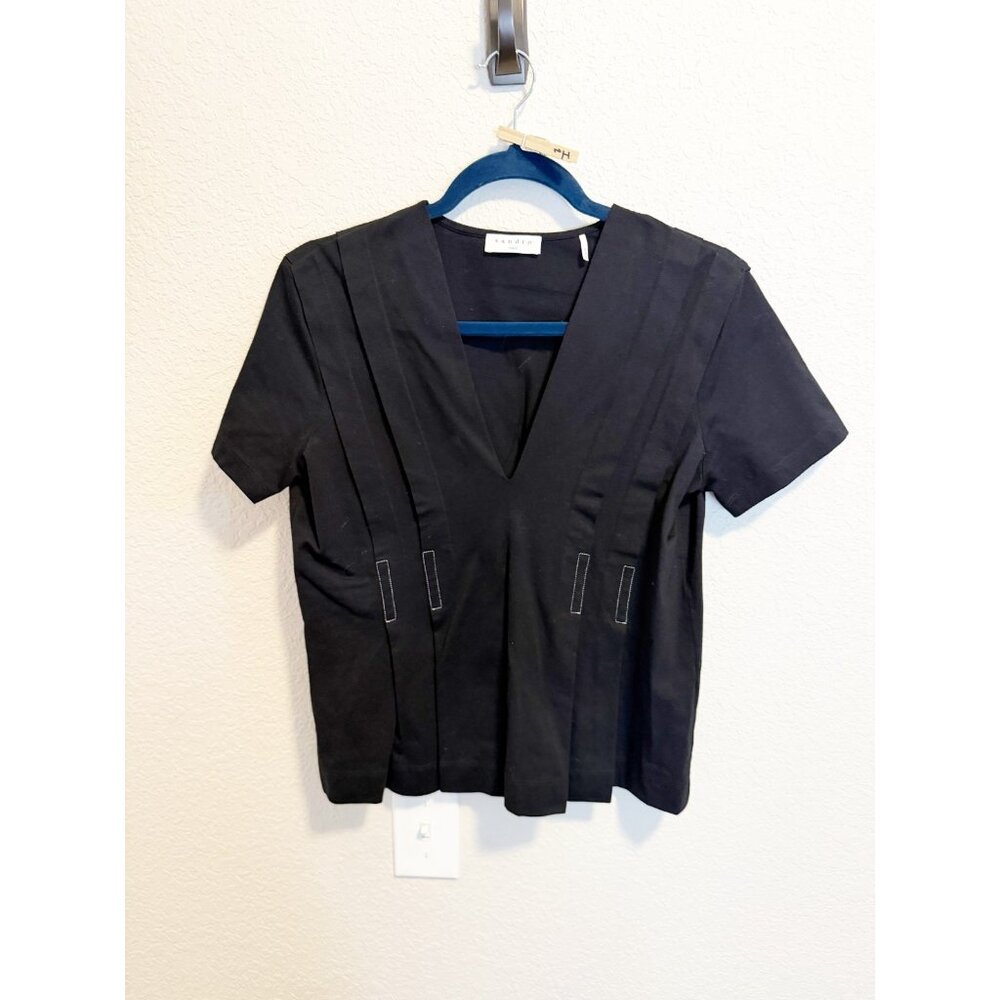 Sandro Paris Womens V Neck Pleated Top Short‎ Sleeve In Cotton Black Size S - Picture 2 of 8